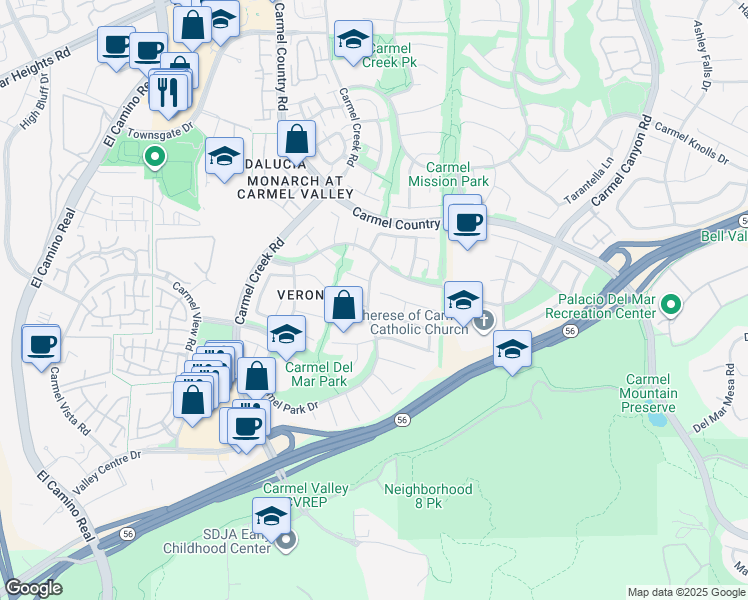 map of restaurants, bars, coffee shops, grocery stores, and more near 4205 Cordobes Cove in San Diego