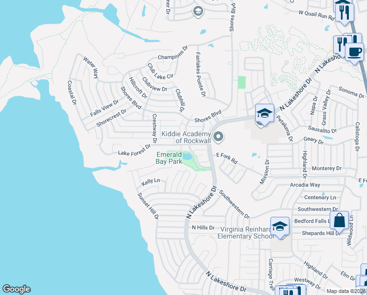 map of restaurants, bars, coffee shops, grocery stores, and more near 1775 Lake Forest Drive in Rockwall