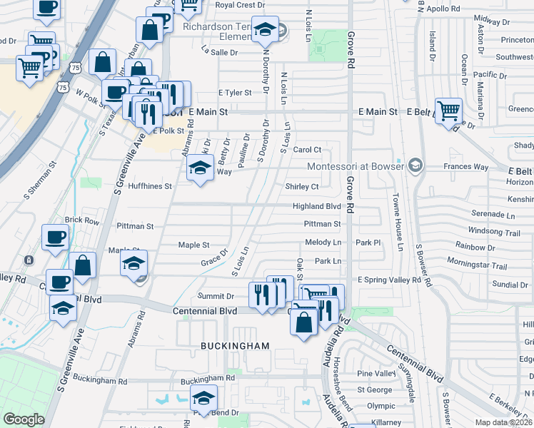 map of restaurants, bars, coffee shops, grocery stores, and more near 403 South Lois Lane in Richardson