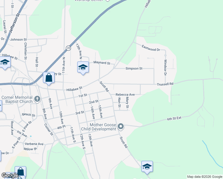 map of restaurants, bars, coffee shops, grocery stores, and more near 44 Carol Street in Alexander City