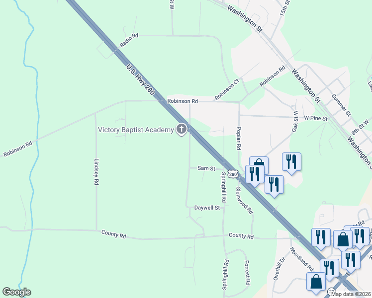 map of restaurants, bars, coffee shops, grocery stores, and more near 341-2537 South Road in Alexander City