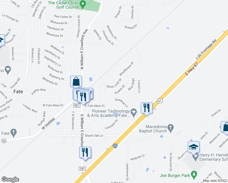 map of restaurants, bars, coffee shops, grocery stores, and more near 417 Azalea Drive in Rockwall