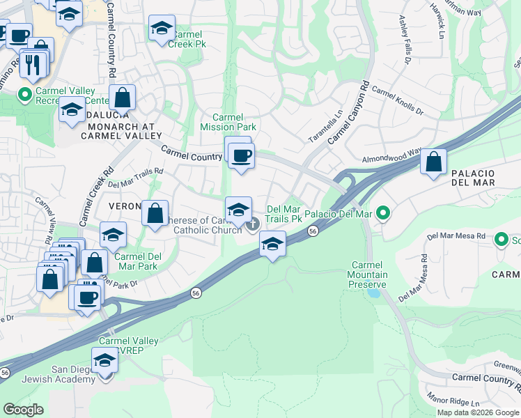 map of restaurants, bars, coffee shops, grocery stores, and more near 12393 Mona Lisa Street in San Diego