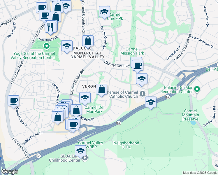 map of restaurants, bars, coffee shops, grocery stores, and more near 4205 Cordobes Cove in San Diego