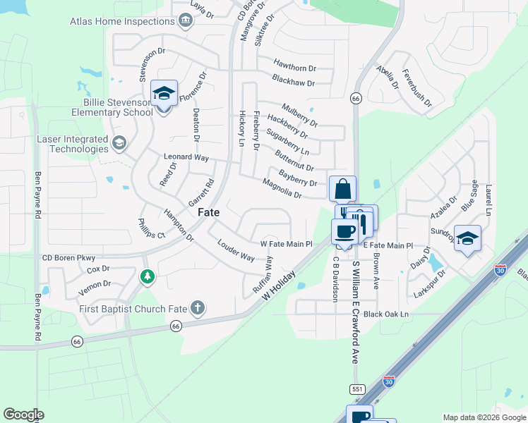 map of restaurants, bars, coffee shops, grocery stores, and more near 662 Payton Way in Rockwall
