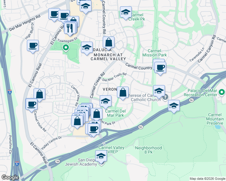 map of restaurants, bars, coffee shops, grocery stores, and more near 12459 Carmel Park Drive in San Diego
