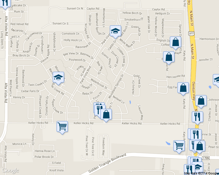 map of restaurants, bars, coffee shops, grocery stores, and more near 5340 Rush Creek Court in Fort Worth