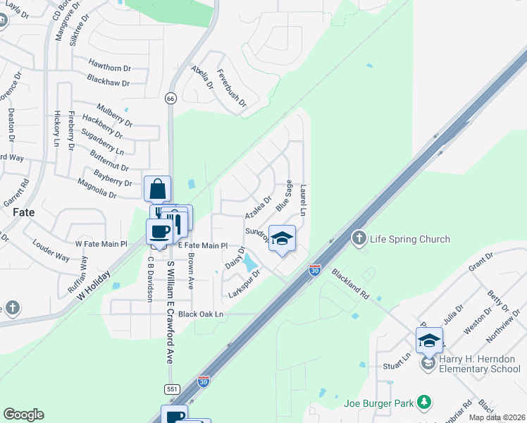 map of restaurants, bars, coffee shops, grocery stores, and more near 504 Azalea Drive in Rockwall