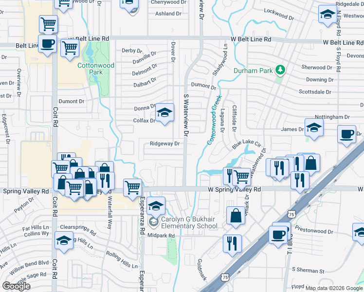 map of restaurants, bars, coffee shops, grocery stores, and more near 1201 Ridgeway Drive in Richardson
