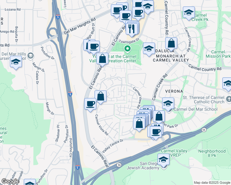 map of restaurants, bars, coffee shops, grocery stores, and more near 3686 Ruette De Ville in San Diego