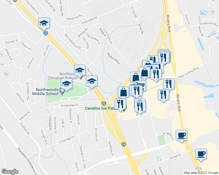 map of restaurants, bars, coffee shops, grocery stores, and more near 7946 New Ryder Road in North Charleston
