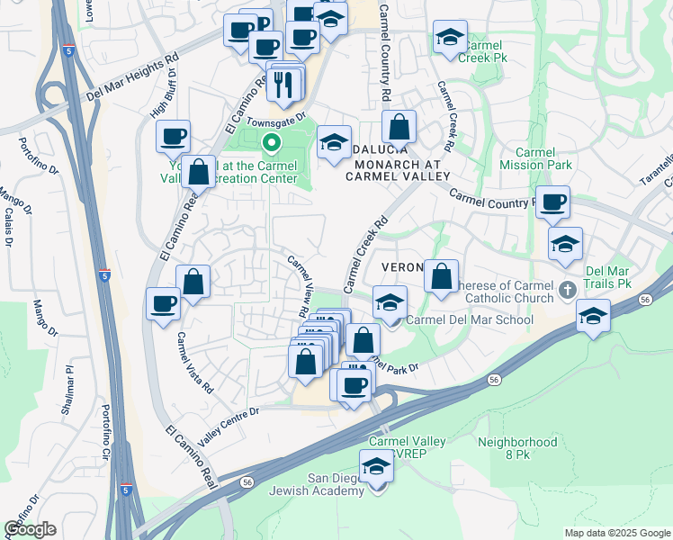 map of restaurants, bars, coffee shops, grocery stores, and more near 12685 Camino Mira Del Mar in San Diego