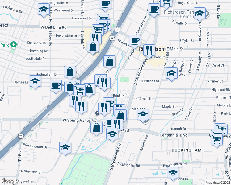 map of restaurants, bars, coffee shops, grocery stores, and more near 161 Brick Row in Richardson