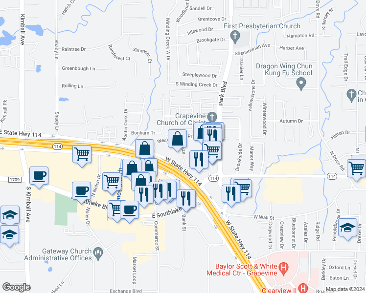 map of restaurants, bars, coffee shops, grocery stores, and more near 236 Churchill Loop in Grapevine