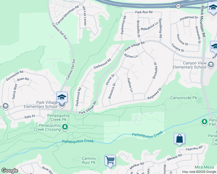map of restaurants, bars, coffee shops, grocery stores, and more near 12345 Picrus Street in San Diego