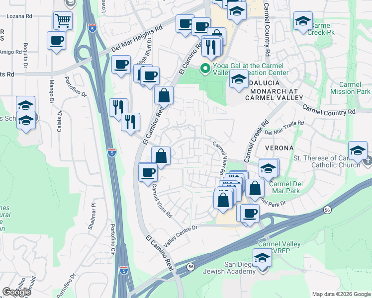 map of restaurants, bars, coffee shops, grocery stores, and more near 12432 Ruette Alliante in San Diego
