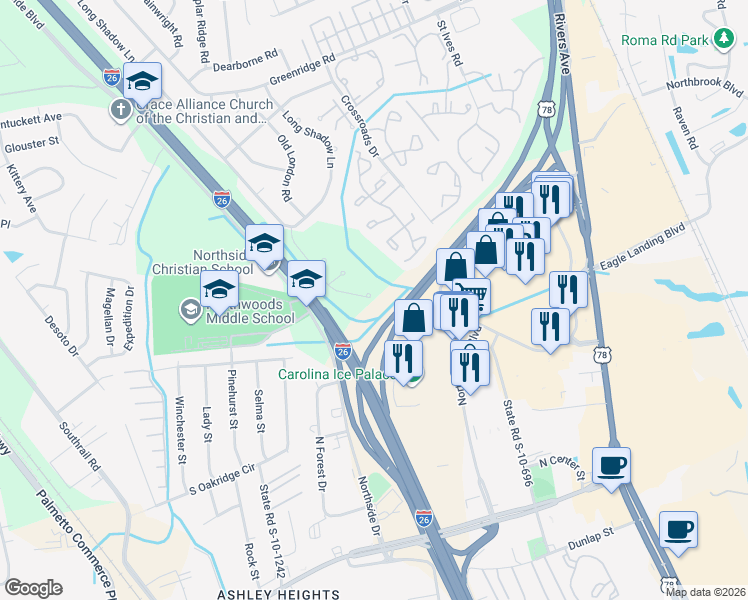 map of restaurants, bars, coffee shops, grocery stores, and more near 7946 New Ryder Road in North Charleston