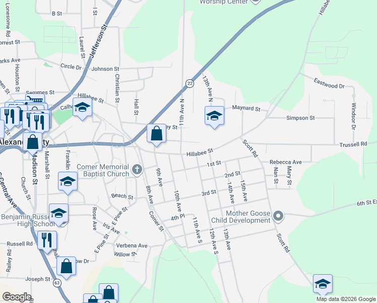 map of restaurants, bars, coffee shops, grocery stores, and more near 1125 Hillabee Street in Alexander City