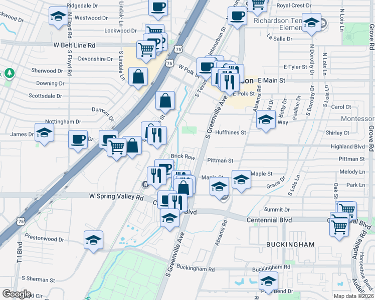 map of restaurants, bars, coffee shops, grocery stores, and more near 233 Brick Row in Richardson