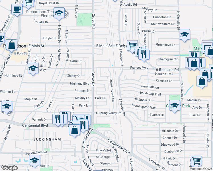 map of restaurants, bars, coffee shops, grocery stores, and more near 17 Highland Place in Richardson
