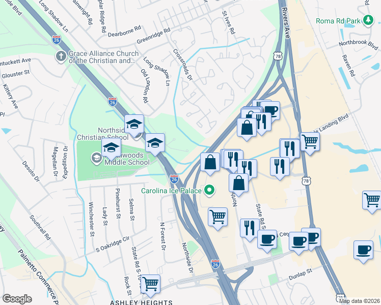 map of restaurants, bars, coffee shops, grocery stores, and more near 7946 New Ryder Road in North Charleston