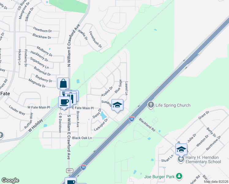 map of restaurants, bars, coffee shops, grocery stores, and more near 518 Blue Sage Drive in Rockwall