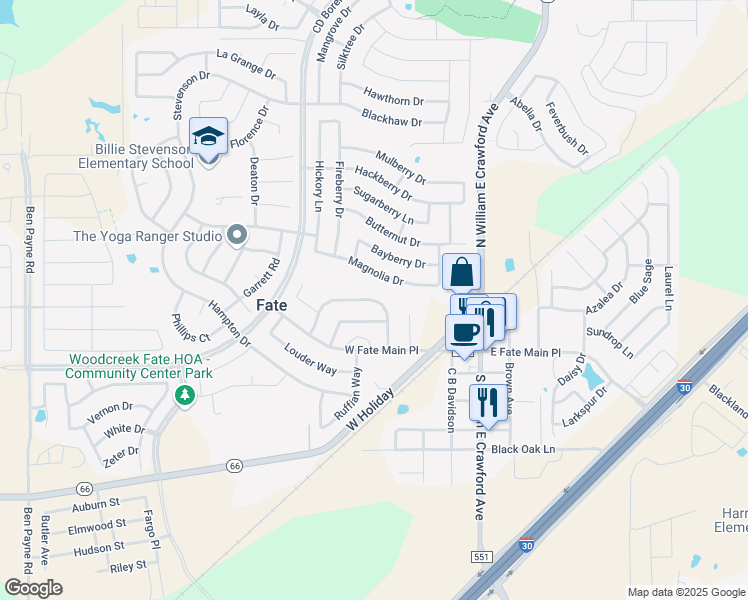 map of restaurants, bars, coffee shops, grocery stores, and more near 654 Payton Way in Rockwall