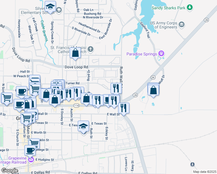 map of restaurants, bars, coffee shops, grocery stores, and more near 5 Turner Road in Grapevine
