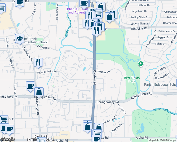map of restaurants, bars, coffee shops, grocery stores, and more near 14255 Preston Road in Dallas