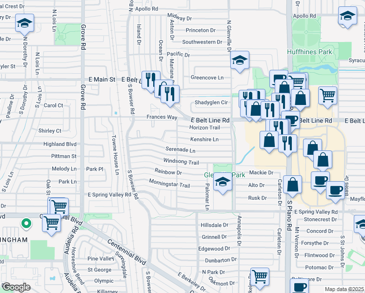 map of restaurants, bars, coffee shops, grocery stores, and more near 1100 Serenade Lane in Richardson