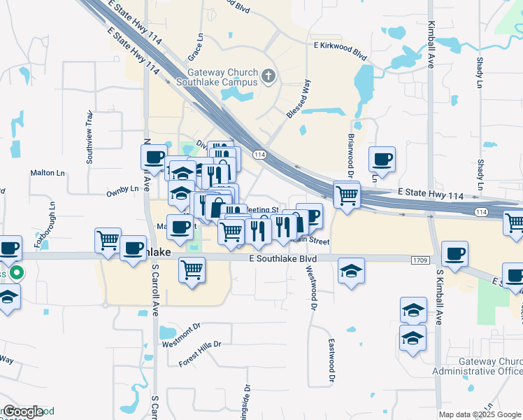 map of restaurants, bars, coffee shops, grocery stores, and more near 208 North Park Boulevard in Grapevine