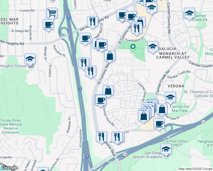 map of restaurants, bars, coffee shops, grocery stores, and more near High Bluff Dr & Caminito El Rincon in San Diego