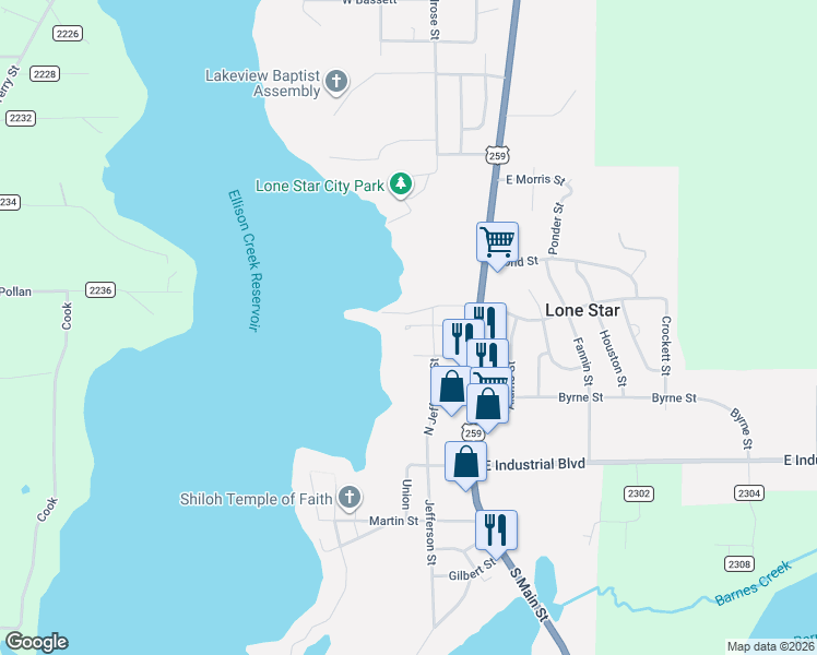 map of restaurants, bars, coffee shops, grocery stores, and more near 333 North Jefferson Street in Daingerfield