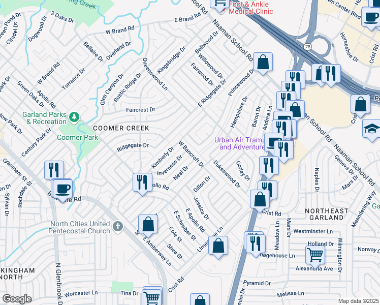 map of restaurants, bars, coffee shops, grocery stores, and more near 126 West Bancroft Drive in Garland