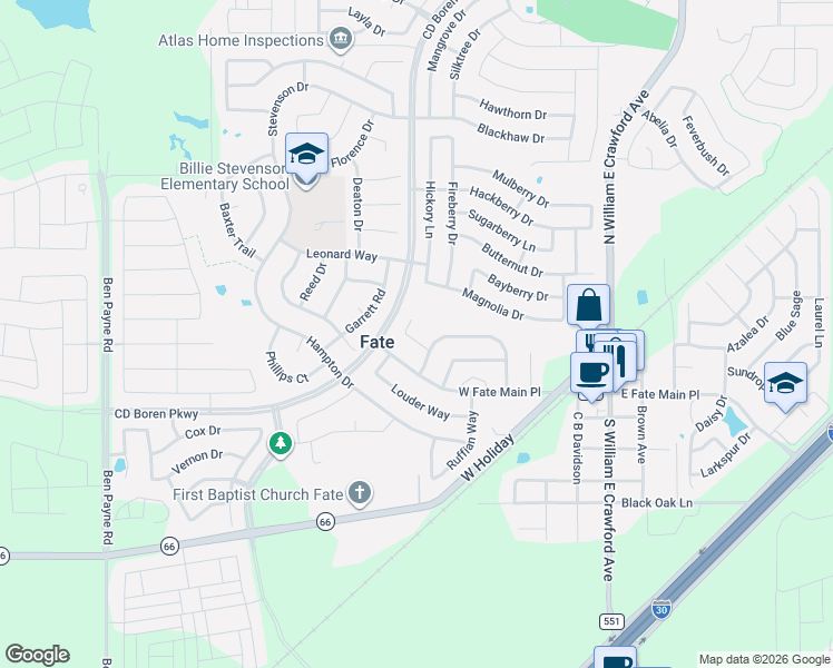 map of restaurants, bars, coffee shops, grocery stores, and more near 608 McKee Court in Rockwall