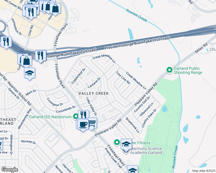 map of restaurants, bars, coffee shops, grocery stores, and more near 2905 Pecan Meadow Drive in Garland
