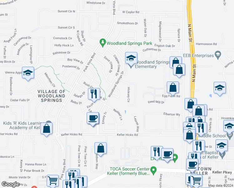 map of restaurants, bars, coffee shops, grocery stores, and more near 5451 Pecan Creek Circle in Fort Worth
