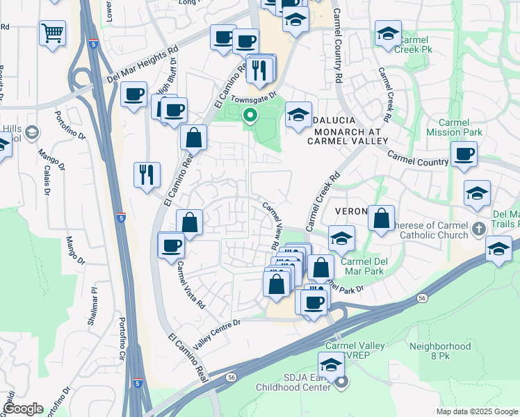 map of restaurants, bars, coffee shops, grocery stores, and more near 12530 Caminito Mira Del Mar in San Diego