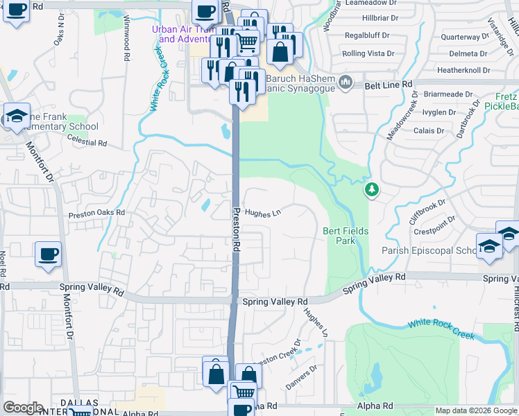 map of restaurants, bars, coffee shops, grocery stores, and more near 14327 Hughes Lane in Dallas