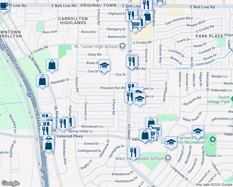 map of restaurants, bars, coffee shops, grocery stores, and more near 1852 School Road in Carrollton