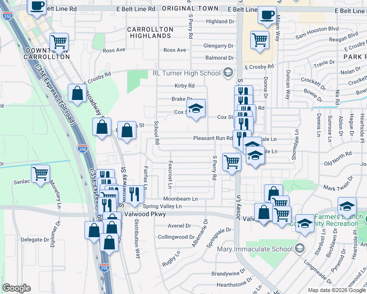 map of restaurants, bars, coffee shops, grocery stores, and more near 1824 School Road in Carrollton
