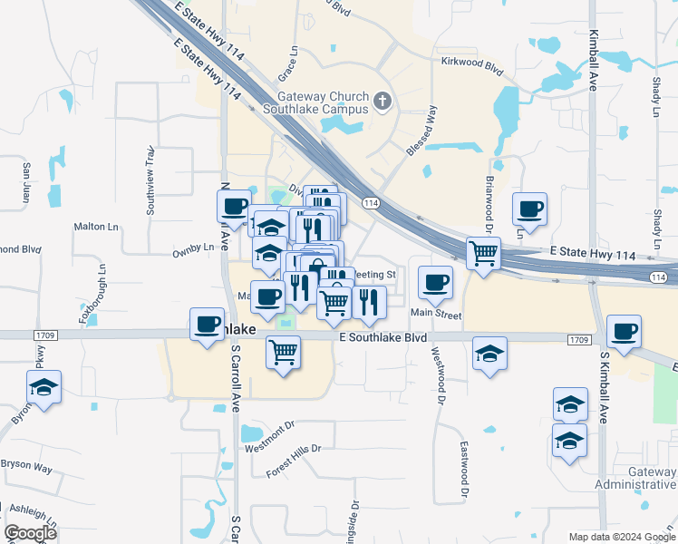 map of restaurants, bars, coffee shops, grocery stores, and more near 190 Summit Avenue in Southlake
