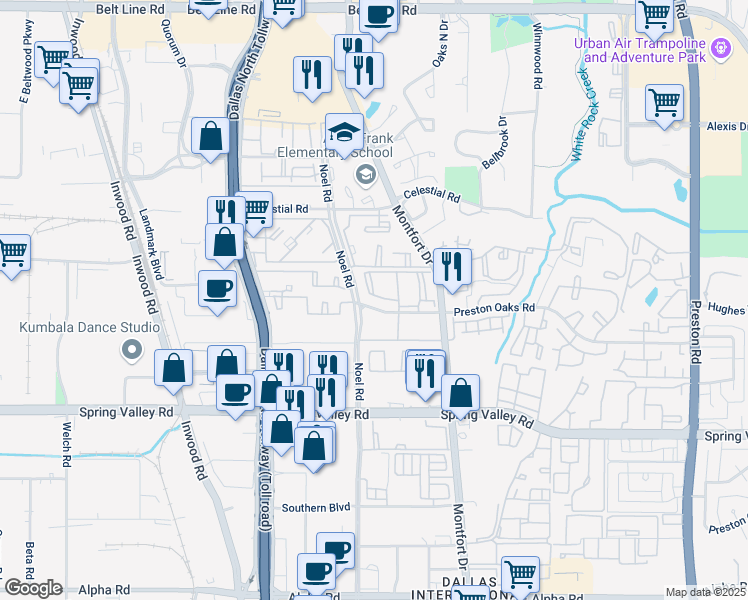 map of restaurants, bars, coffee shops, grocery stores, and more near 5445 Preston Oaks Road in Dallas