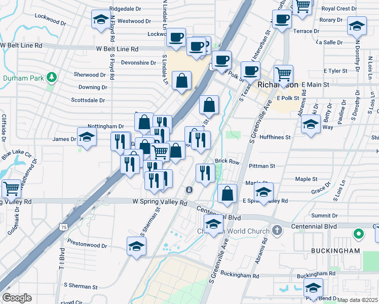 map of restaurants, bars, coffee shops, grocery stores, and more near 717 South Sherman Street in Richardson