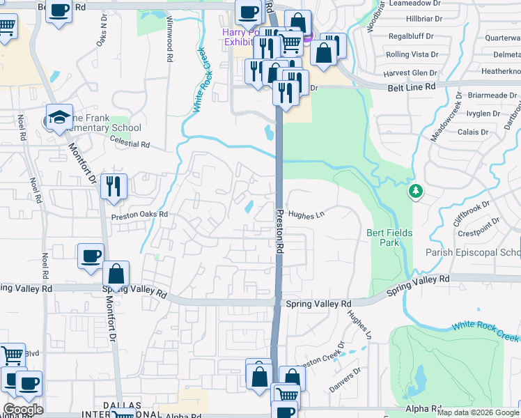 map of restaurants, bars, coffee shops, grocery stores, and more near 14277 Preston Road in Dallas