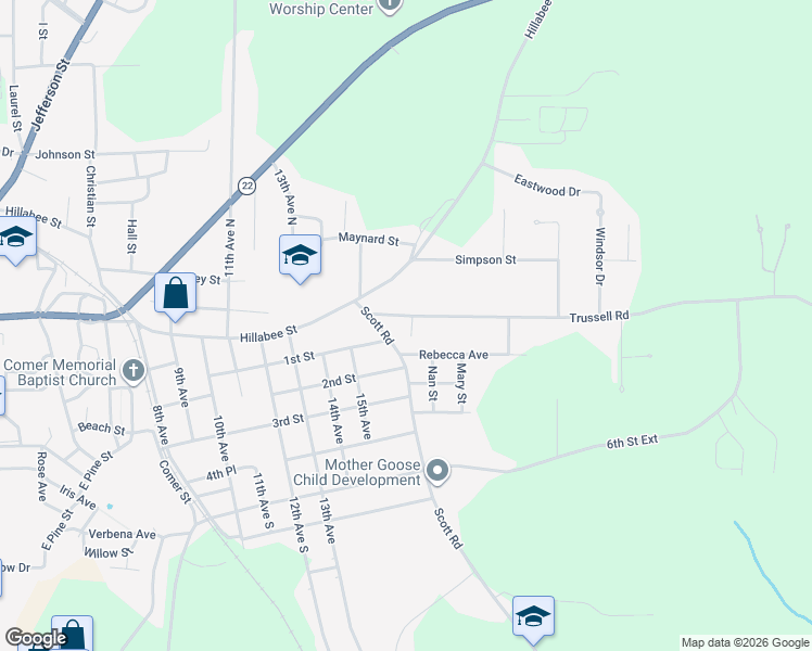map of restaurants, bars, coffee shops, grocery stores, and more near 44 Carol Street in Alexander City