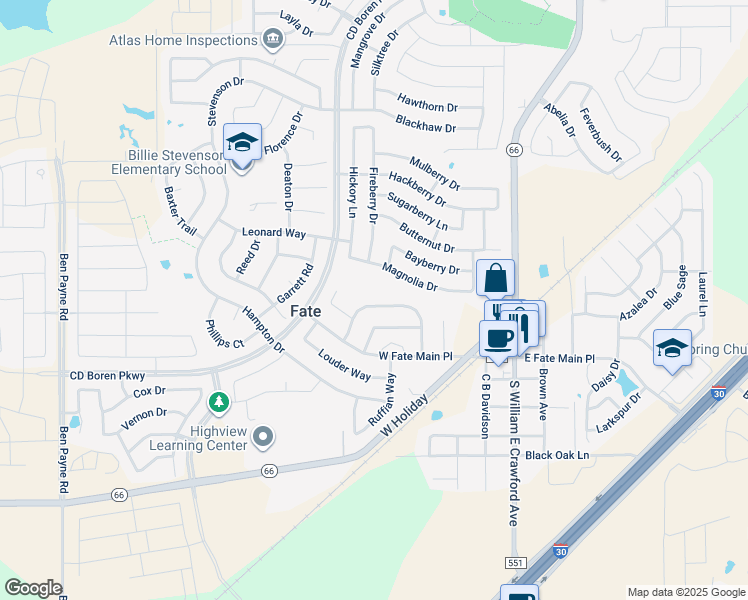 map of restaurants, bars, coffee shops, grocery stores, and more near 662 Payton Way in Rockwall