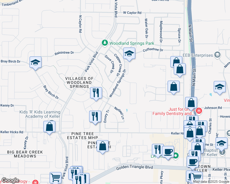 map of restaurants, bars, coffee shops, grocery stores, and more near 5401 Pecan Creek Circle in Fort Worth