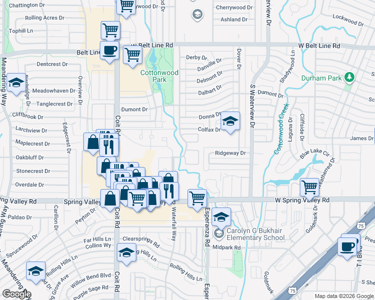 map of restaurants, bars, coffee shops, grocery stores, and more near 895A Dublin Drive in Richardson