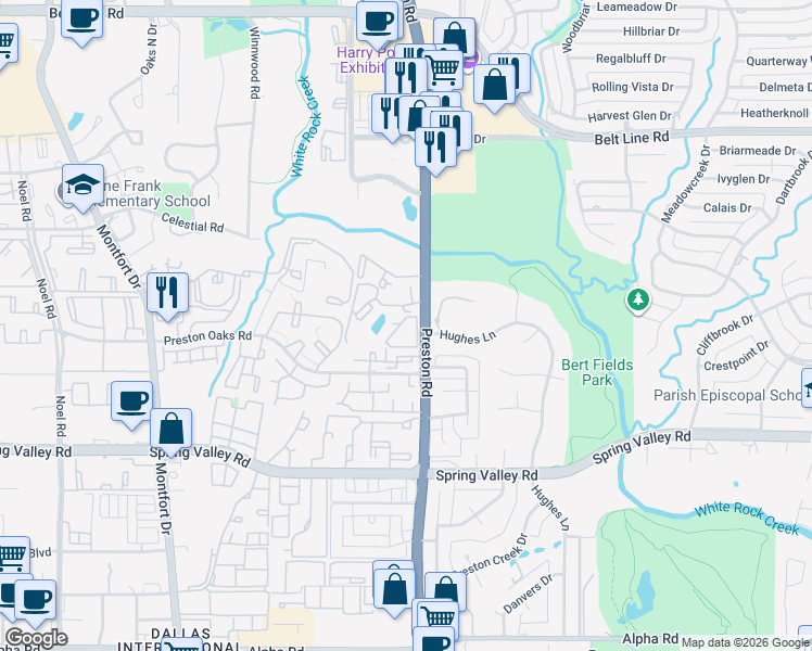 map of restaurants, bars, coffee shops, grocery stores, and more near 14300 Preston Road in Dallas